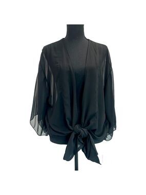 QED London black short sleeve chiffon front tie blouse Sz S/M